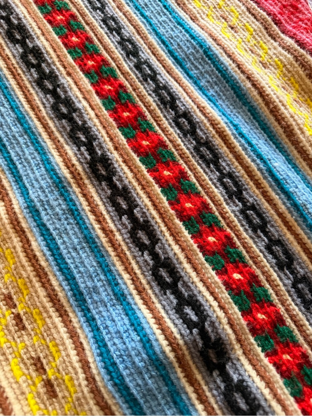 VTG Handmade Southwestern Cabin Boho Folk Art Knit Afghan Throw Blanket 51x61